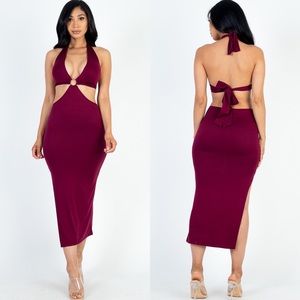 LAST ONE | Sexy Burgundy Wine Front Cut Out Halter Neck Back Tie Midi Dress Sz S